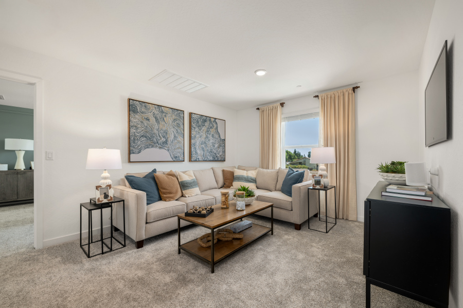 A living room with a couch and a coffee table.