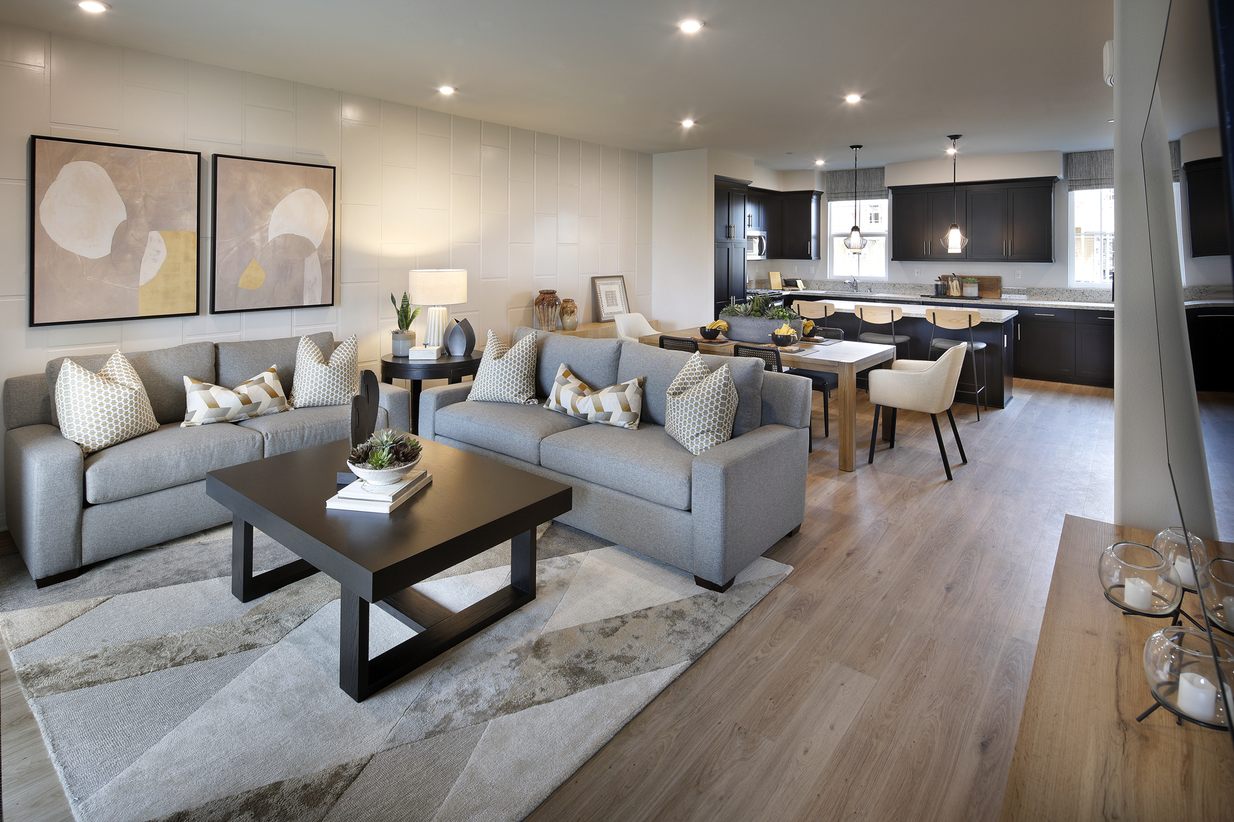 A living room with a large rug.