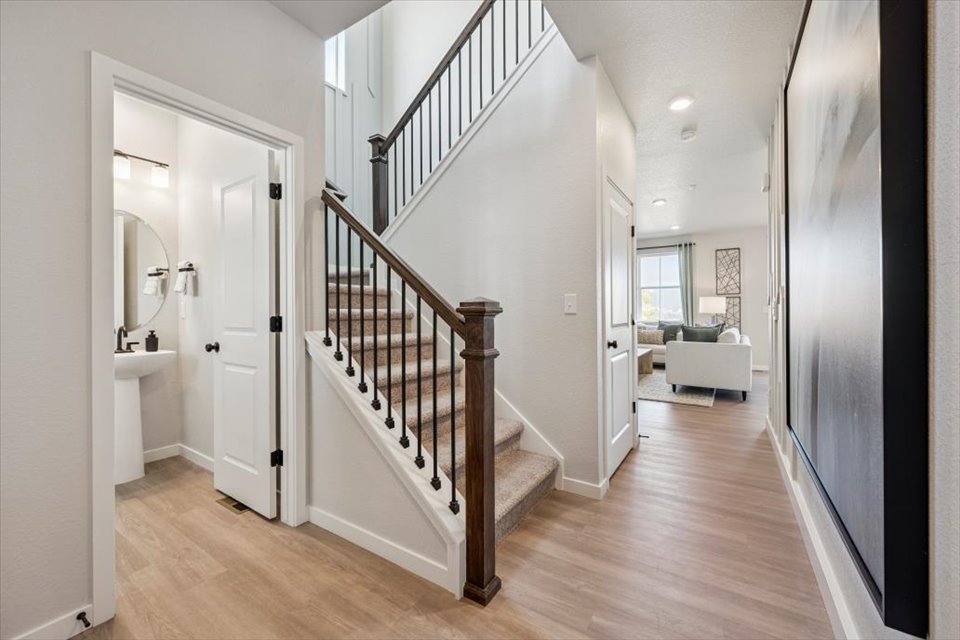 A staircase in a bathroom.