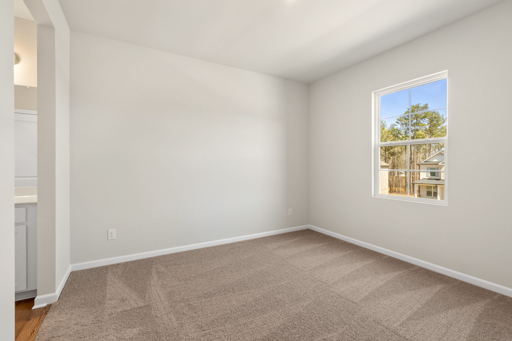 A room with a window and a rug.