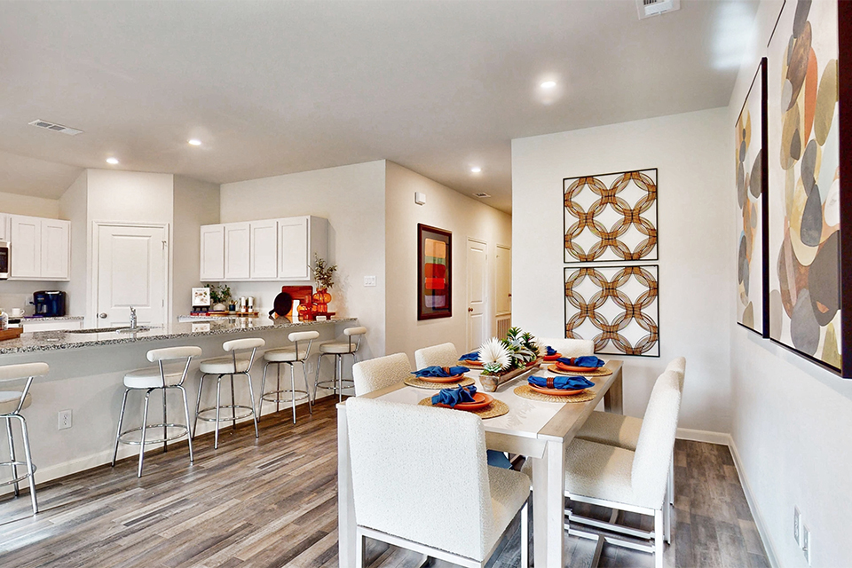 A kitchen and dining room.