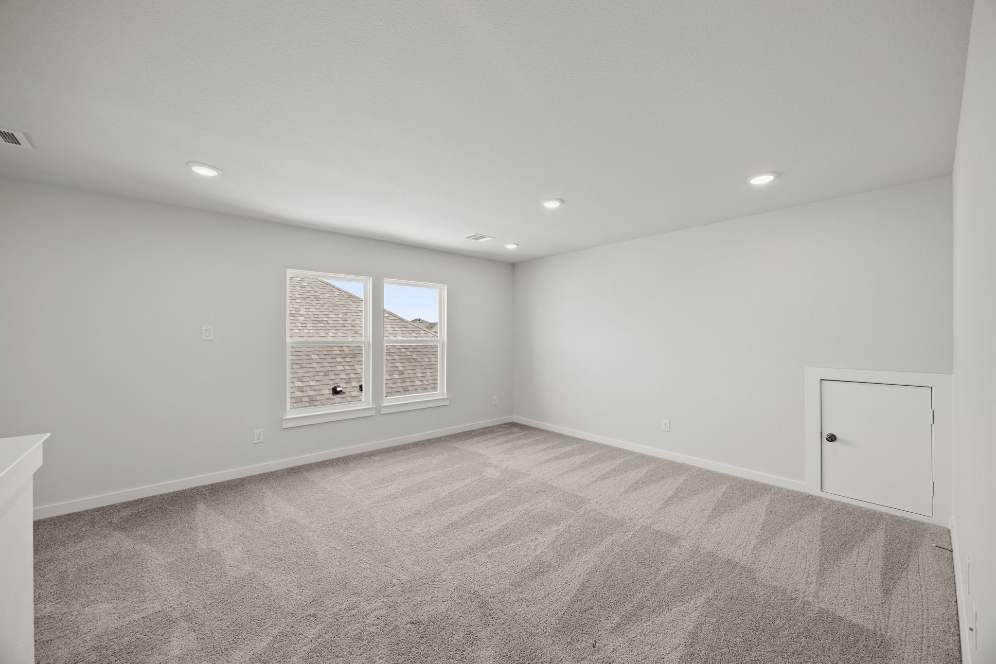 A room with a carpet and a white door.