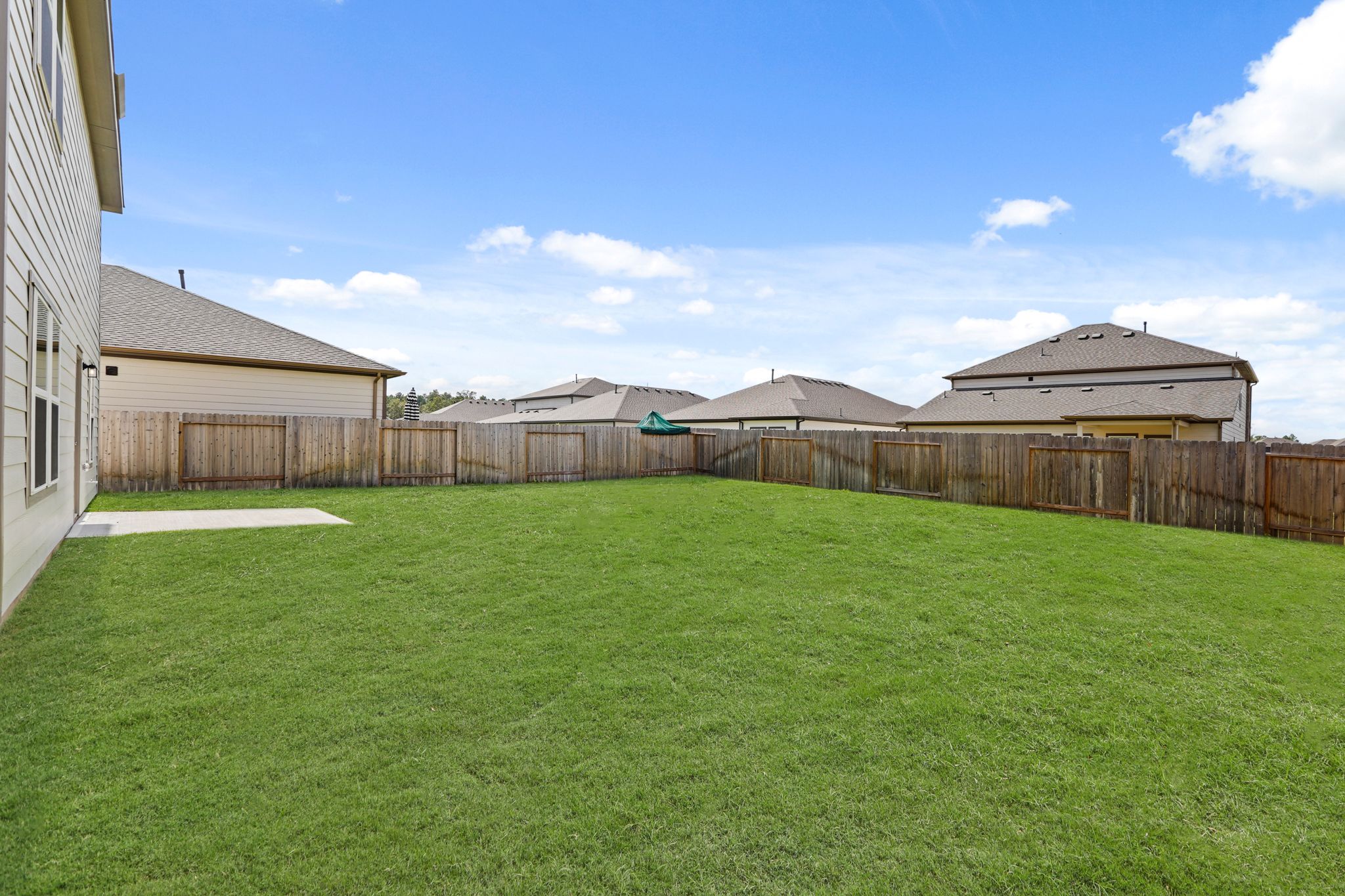 A grassy yard with a fence and buildings in the background.