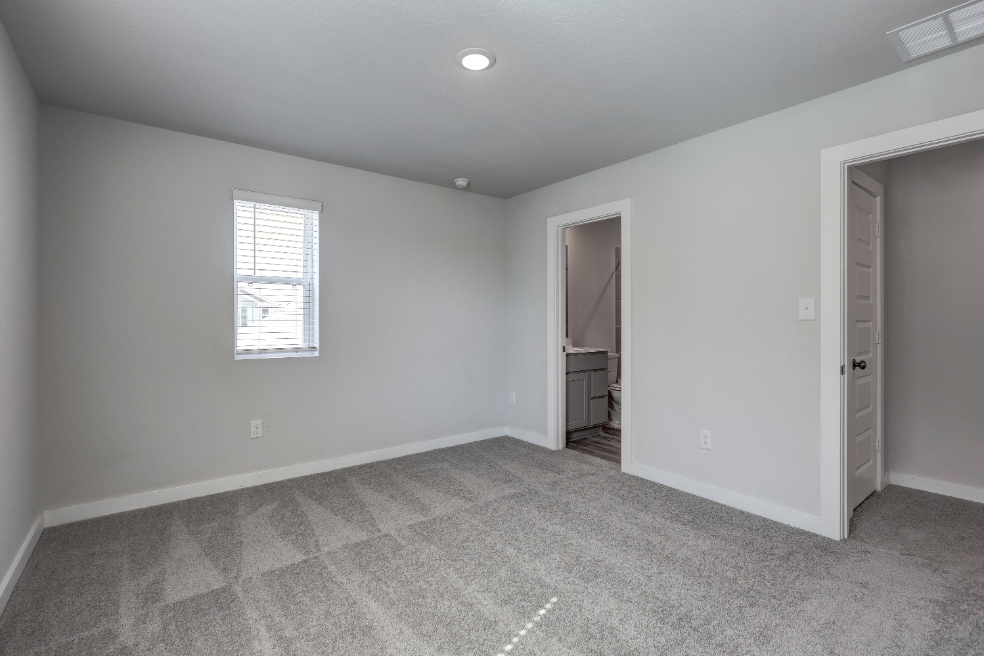 A room with a carpet and a door.