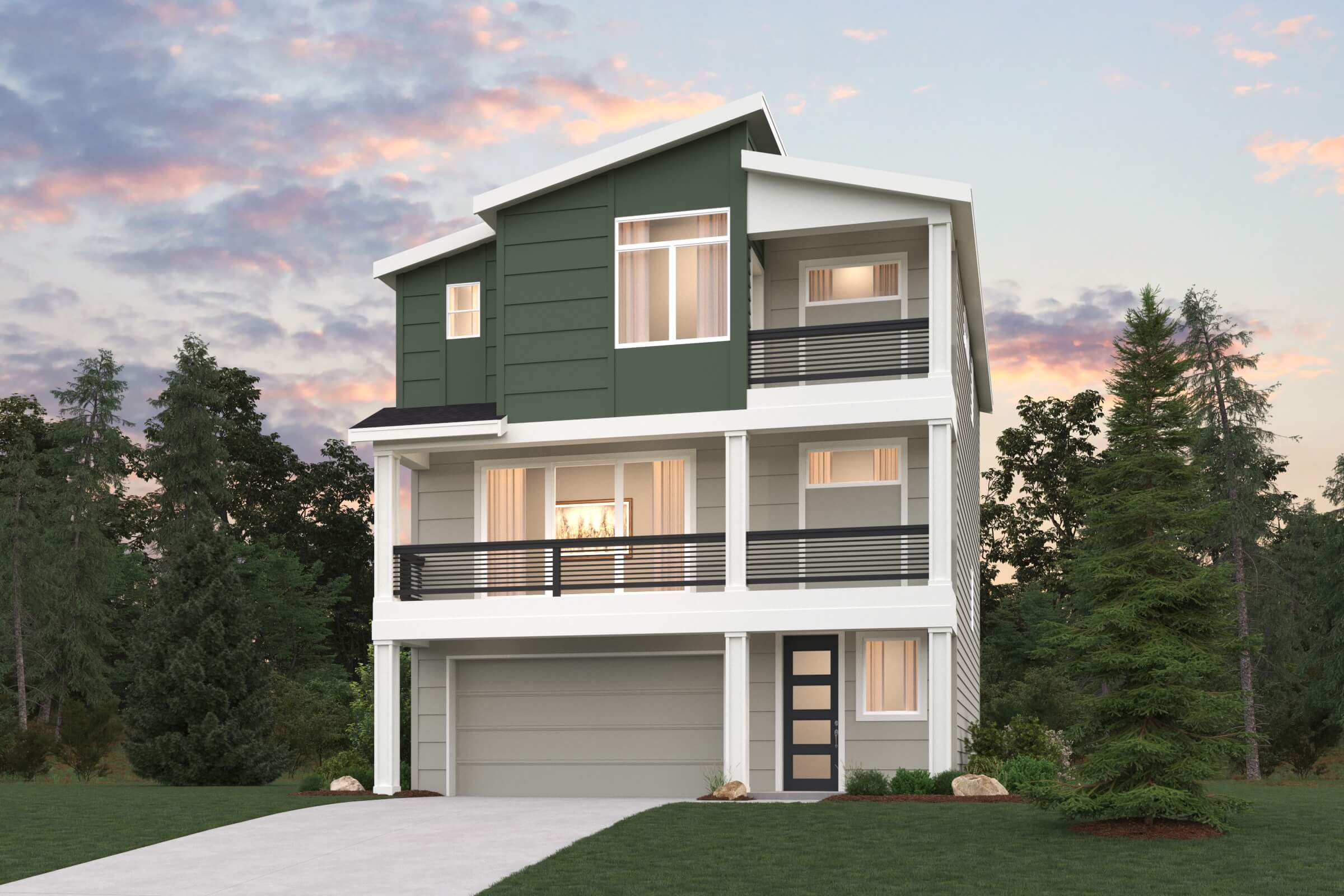 A house with trees around it.