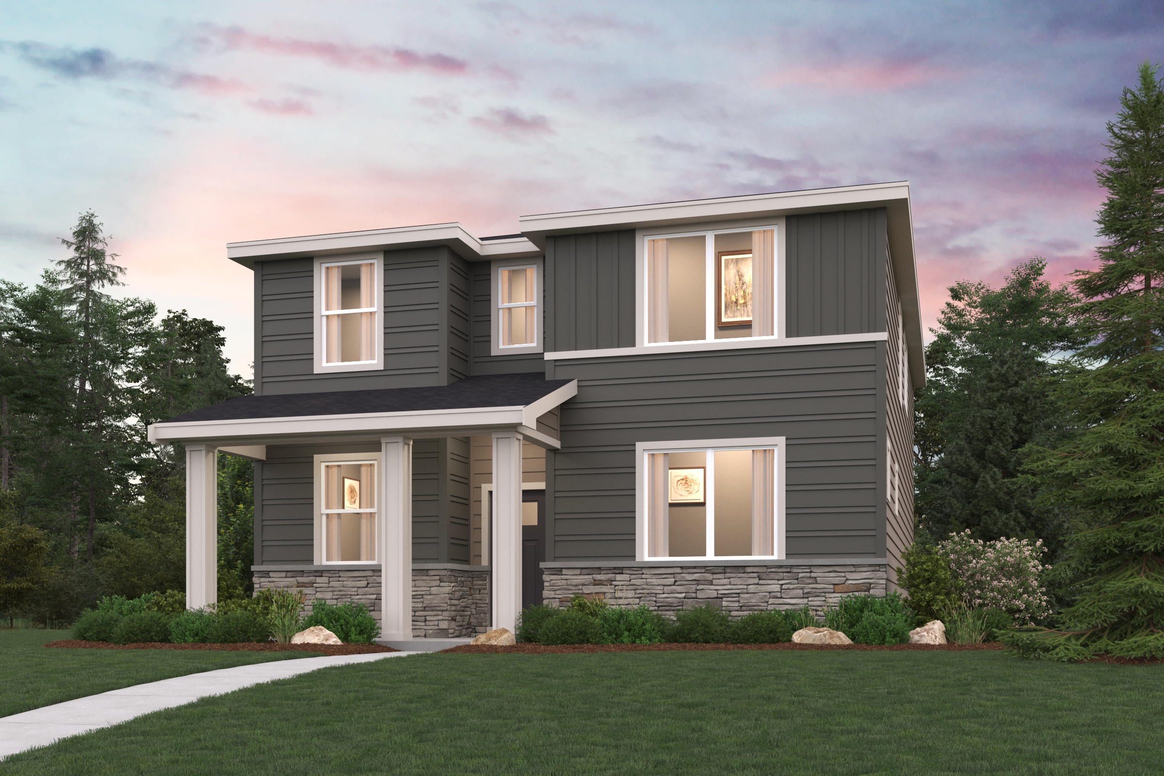 A house with a lawn and trees.