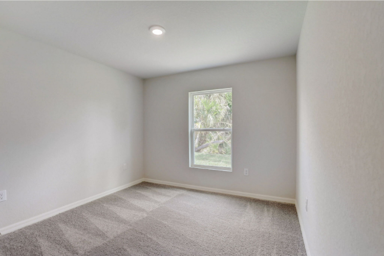 A room with a window and a carpet.