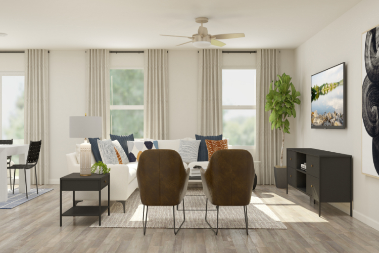 A living room with a large window.